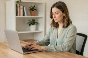 Femme utilisant un ordinateur portable pour contacter une plateforme de santé et bien-être depuis son bureau à domicile