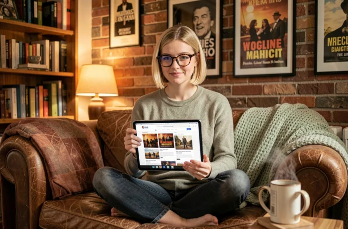 Jeune femme lisant des critiques de films sur une tablette dans un salon cosy avec des affiches de cinéma vintage