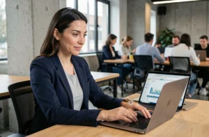 Femme professionnelle analysant des données sur un ordinateur portable dans un espace de coworking moderne, formation data analyst Pôle emploi
