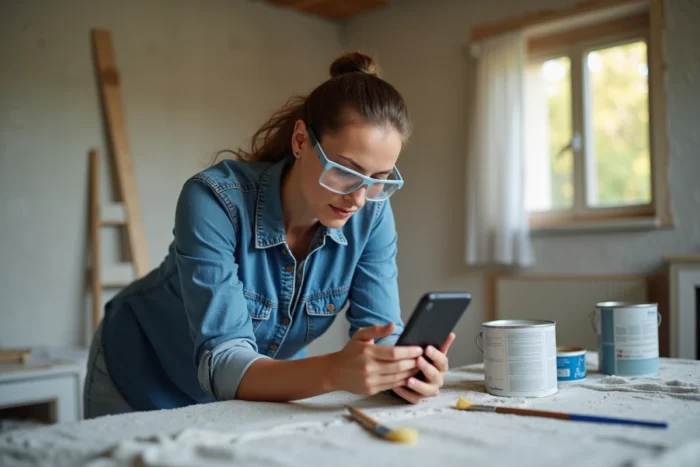Femme consultant un forum de bricolage sur smartphone pendant des travaux de peinture intérieure