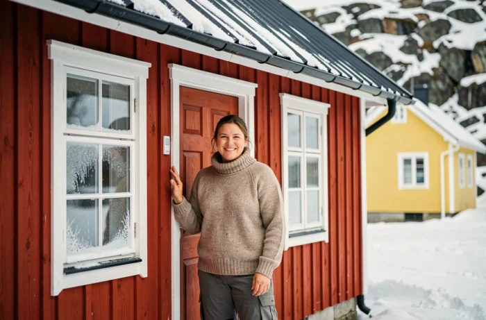 Femme inuit souriante devant une maison en bois rouge vif au Groenland avec fenêtres à givre et toit enneigé