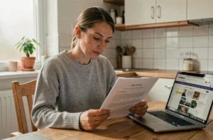 Femme lisant un avis favorable de la commission d'attribution logement à la table de sa cuisine avec un ordinateur portable ouvert sur un forum