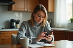 Femme lisant des avis Google sur son smartphone à la cuisine, expression dubitative, enquête sur les avis Depanneo