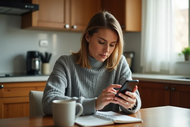 Femme lisant des avis Google sur son smartphone à la cuisine, expression dubitative, enquête sur les avis Depanneo