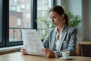Femme lisant le journal du matin dans un appartement urbain moderne pour rester informée de l'actualité quotidienne