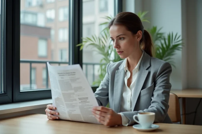 Femme lisant le journal du matin dans un appartement urbain moderne pour rester informée de l'actualité quotidienne
