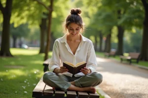 Femme lisant un livre dans un parc pendant son temps libre, activité de loisir relaxante en plein air