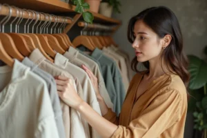 Femme consultant des vêtements durables en coton biologique dans une boutique de mode écoresponsable aux matériaux naturels