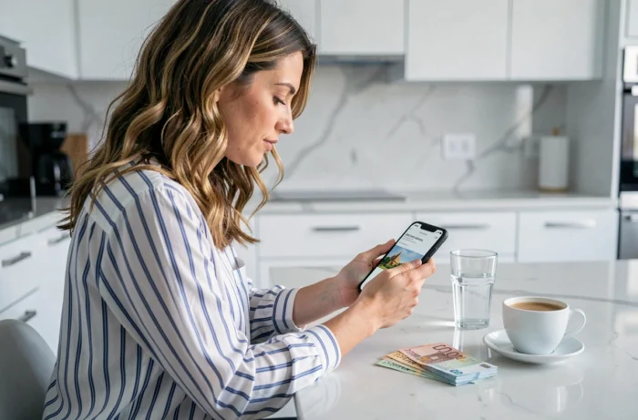 Femme organisant les finances du voyage de noces avec une application d'épargne sur son téléphone et des billets d'euros sur un comptoir moderne