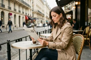 Femme parisienne lisant un journal en terrasse de café sur un boulevard haussmannien à Paris