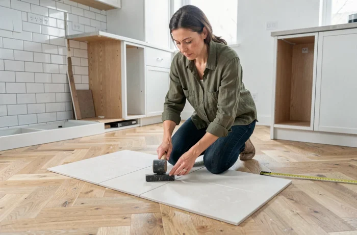 Femme posant du carrelage dans une cuisine en cours de rénovation intérieure