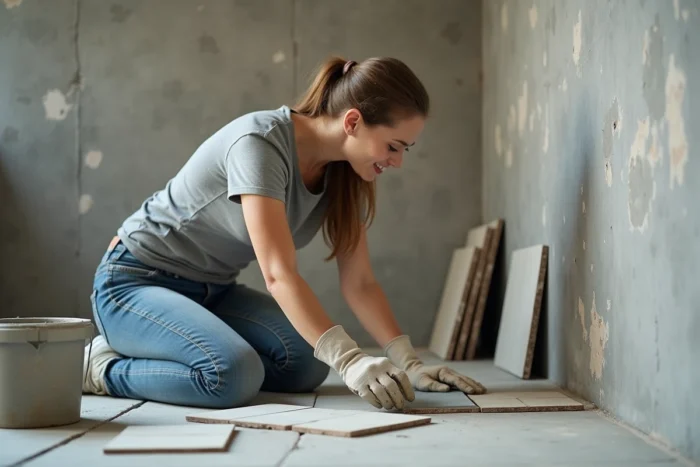 Femme posant du carrelage dans une salle de bain en cours de rénovation