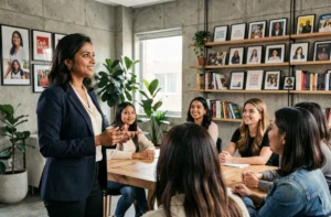 Femme d'origine sud-asiatique présentant des initiatives féminines lors d'un atelier dans un espace de coworking moderne et inclusif
