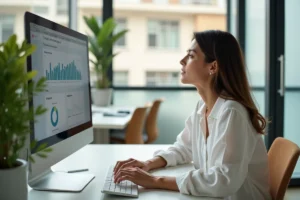 Femme professionnelle analysant un tableau de bord de présence en ligne sur un grand écran dans un bureau moderne