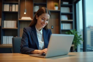 Femme professionnelle utilisant des ressources en ligne pour développer son activité depuis un bureau moderne à domicile