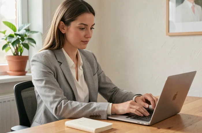 Femme cherchant des offres d'emploi en ligne sur un ordinateur portable dans un bureau à domicile moderne