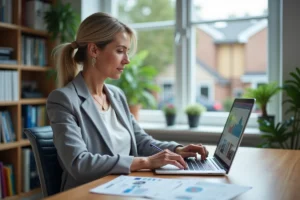 Femme consultant les prix des maisons vendues sur un ordinateur portable dans un bureau à domicile moderne