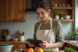 Femme cherchant une recette de purée sans potimarron sur une tablette dans une cuisine en bois