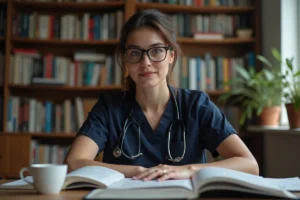 Femme en reconversion professionnelle étudiant l'anatomie pour devenir kinésithérapeute, assise à un bureau avec des livres médicaux