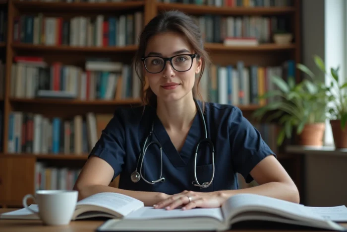 Femme en reconversion professionnelle étudiant l'anatomie pour devenir kinésithérapeute, assise à un bureau avec des livres médicaux