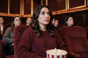 Femme captivée regardant un film dans une salle de cinéma classique aux fauteuils en velours rouge