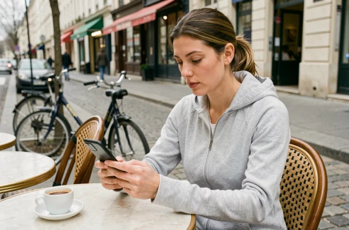 Femme accédant à Footclub FFF depuis son téléphone portable en terrasse de café