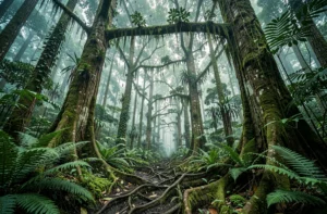 Forêt tropicale dense avec végétation luxuriante, arbres géants et sol recouvert de fougères illustrant un environnement naturel humide