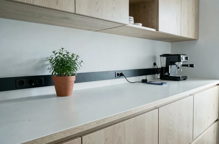 Vue d'ensemble d'une cuisine scandinave avec goulotte anthracite à prises USB et électriques sous les placards