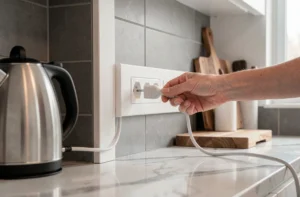 Goulotte avec prise intégrée installée sur crédence blanche dans une cuisine moderne avec plan de travail en marbre
