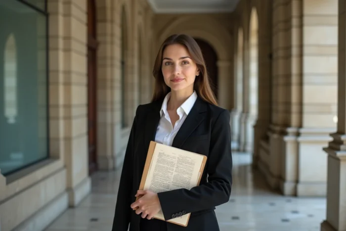 Greffière tenant des avis juridiques dans le couloir d'un palais de justice aux colonnes de pierre