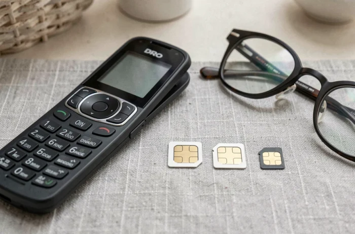 Gros plan sur un téléphone Doro clapet ouvert et trois formats de cartes SIM comparés sur un bureau