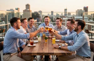 Groupe d'amis portant un toast lors d'un enterrement de vie de garçon sur un rooftop urbain au coucher du soleil
