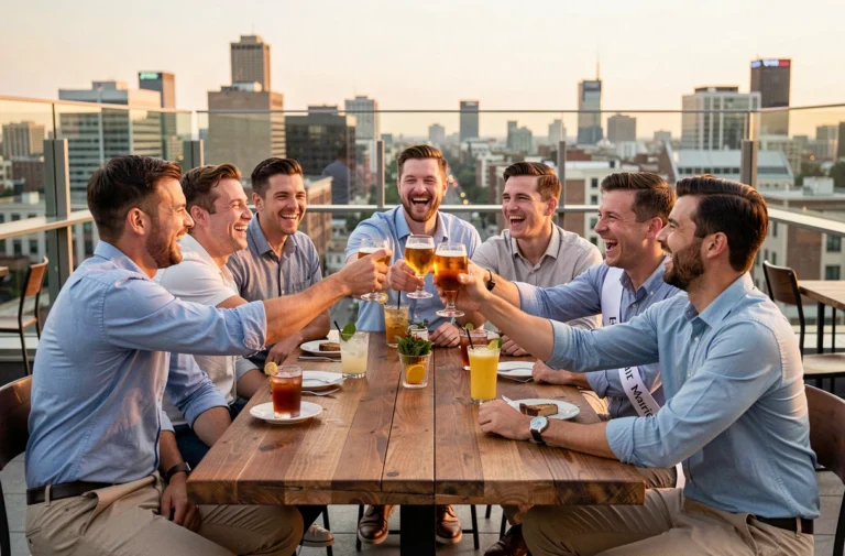 Groupe d'amis portant un toast lors d'un enterrement de vie de garçon sur un rooftop urbain au coucher du soleil