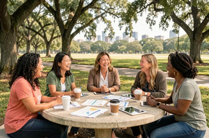 Groupe de femmes de cultures différentes réunies en plein air pour discuter d'initiatives mondiales en faveur de la diversité féminine