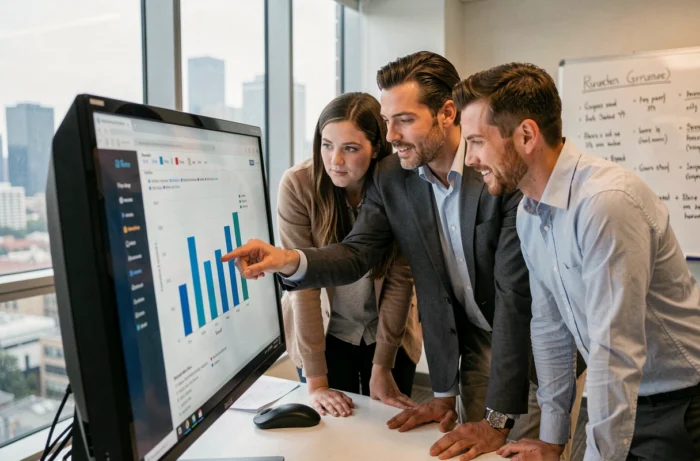 Groupe de professionnels en formation data analyst collaborant sur une analyse de données dans un centre de formation Pôle emploi