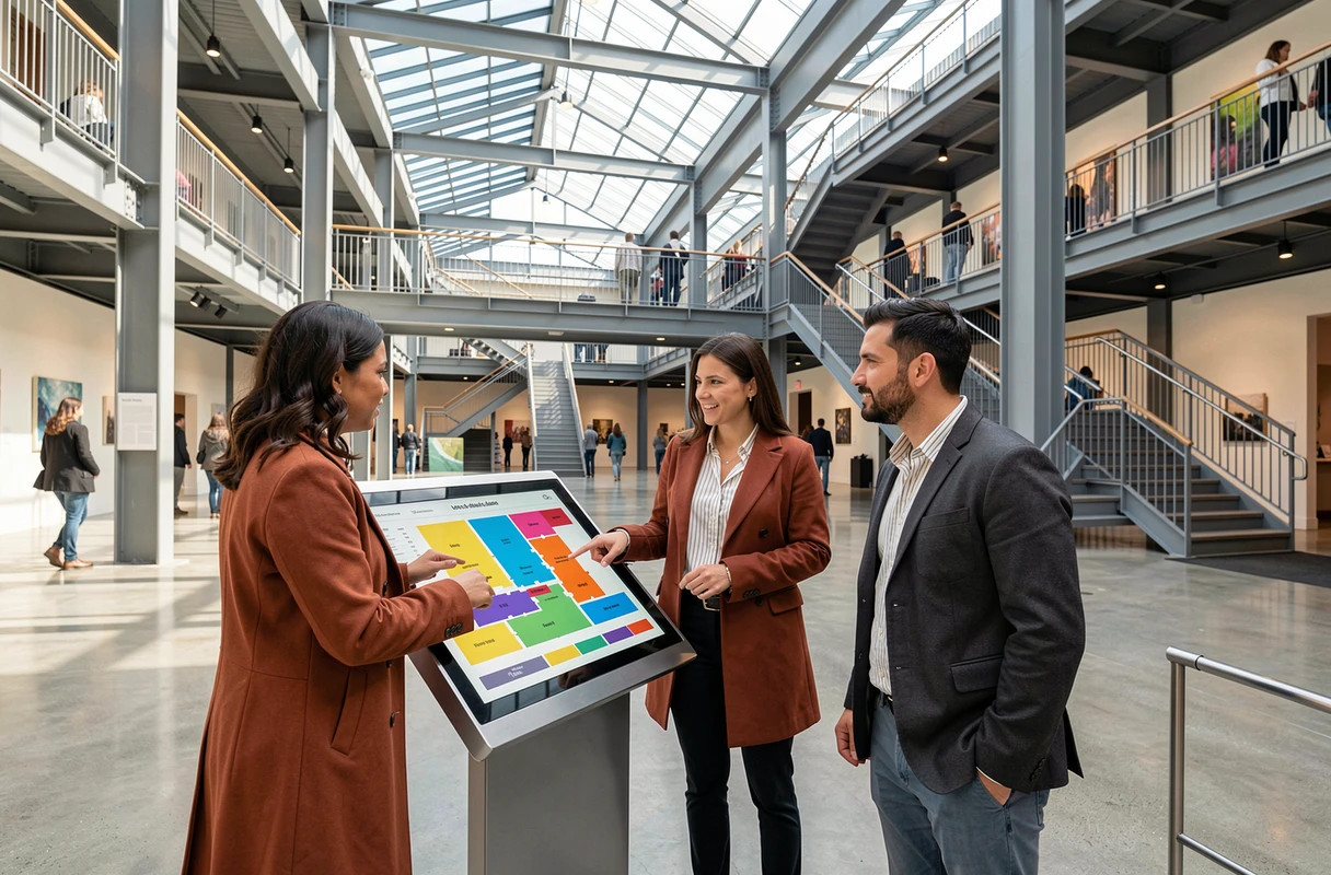 Groupe de visiteurs consultant ensemble le plan du site Bozar à un kiosque interactif dans un atrium