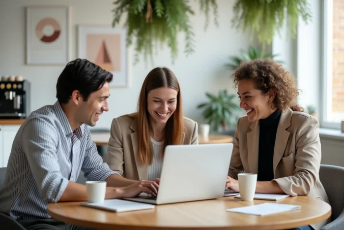 Groupe de jeunes professionnels collaborant autour de ressources en ligne pour booster leur activité dans un espace de travail créatif