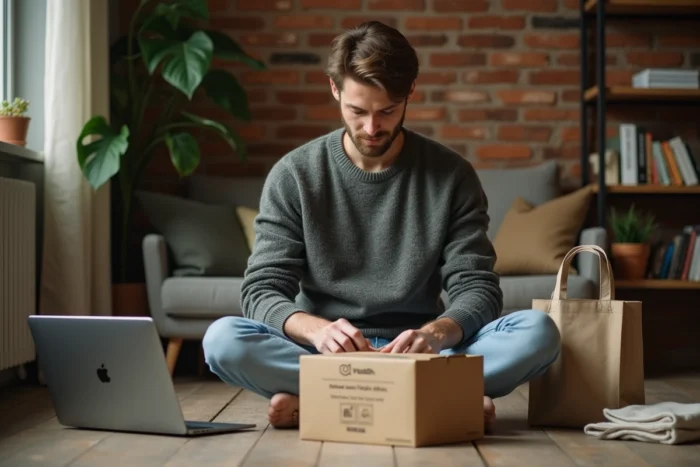 Homme examinant l'étiquette d'un pull en laine équitable commandé en ligne, illustrant l'achat conscient et la mode responsable