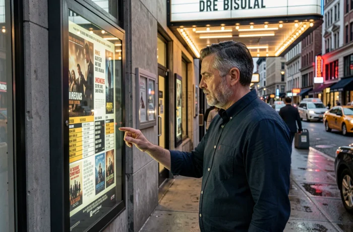 Homme consultant l'affiche d'un cinéma en ville devant une vitrine lumineuse au crépuscule