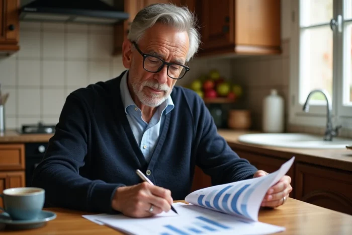 Homme mature analysant un rapport imprimé sur les prix des maisons vendues dans son secteur à la cuisine