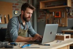 Homme bricoleur consultant un blog de bricolage sur son ordinateur portable dans un atelier fait maison