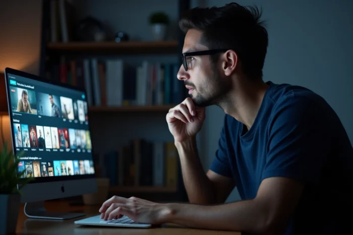 Homme consultant un catalogue de films sur une plateforme de streaming en ligne depuis son bureau