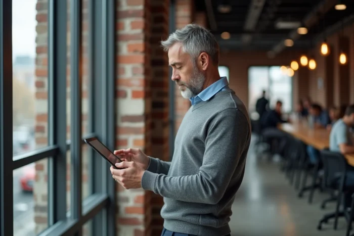 Professionnel masculin explorant des plateformes de développement professionnel en ligne dans un espace de coworking moderne