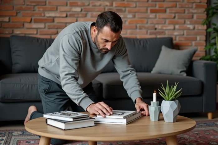 Homme stylisant une table basse avec des livres et objets décoratifs dans un appartement urbain avec mur en briques