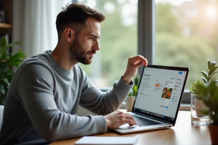 Homme utilisant un filtre de recherche de recettes sur ordinateur portable pour trouver une purée sans potimarron