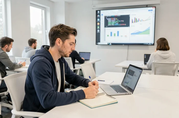 Homme en formation data analyst en présentiel dans une salle de classe moderne, apprentissage de Python et visualisation de données via Pôle emploi