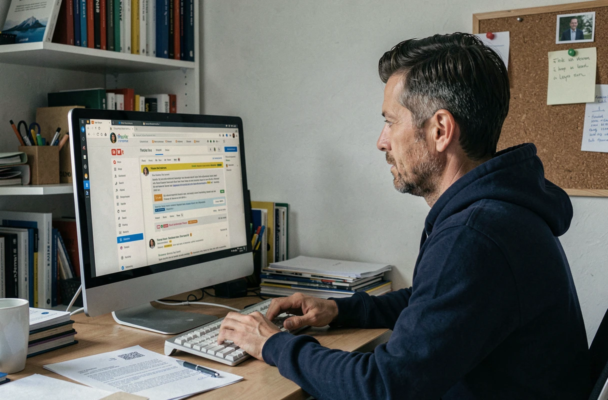 Homme consultant un forum en ligne sur son ordinateur pour comprendre un avis d'attribution de logement social