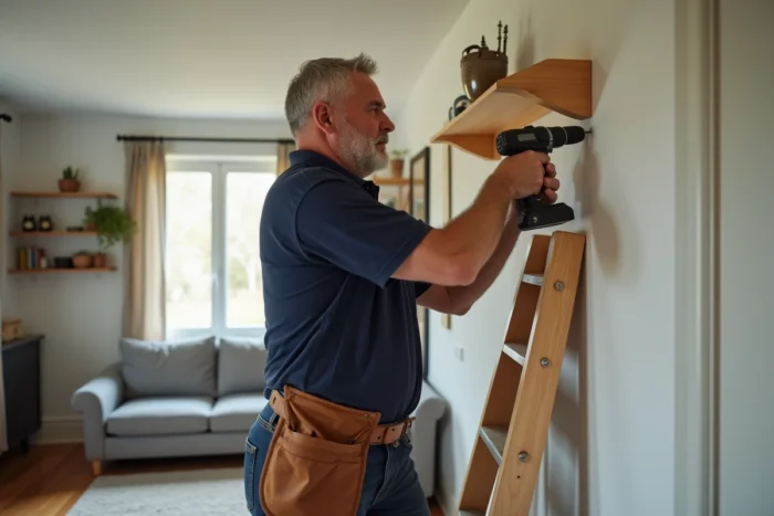 Homme sur une échelle installant une étagère murale dans un salon moderne