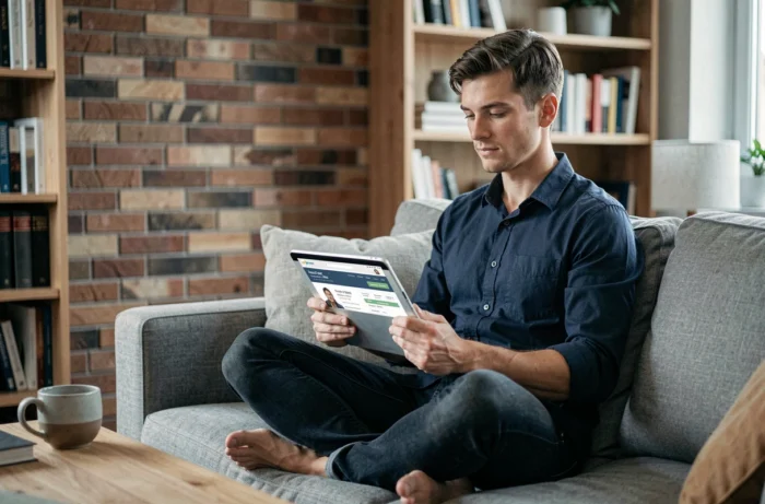 Jeune homme consultant des offres d'emploi sur une tablette depuis son canapé dans un appartement moderne