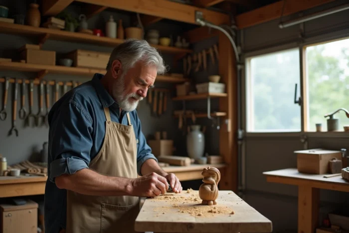 Homme pratiquant la sculpture sur bois dans son atelier, loisir créatif artisanal à la maison
